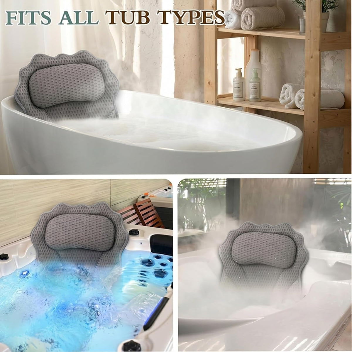Bath Pillow RUVINCE Ergonomic Luxury Bathtub Pillow with Head,Neck, Shoulder and Back Support, 4D Bath Pillows for tub with 6 Powerful Suction Cups, Fits All Bathtub Grey