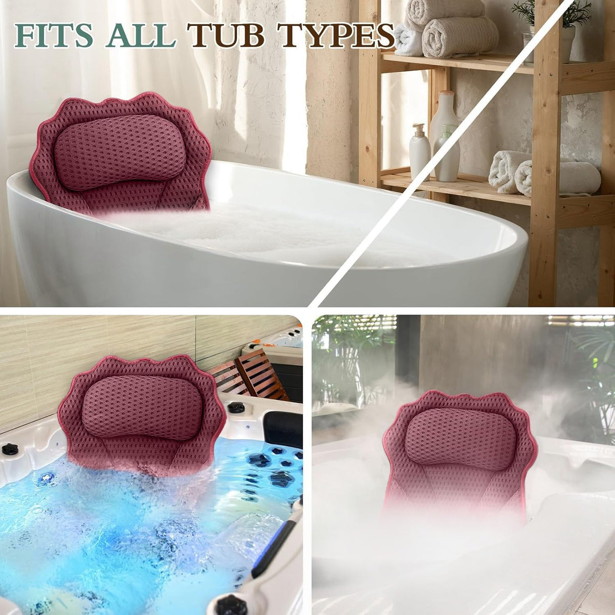 Bath Pillow RUVINCE Ergonomic Luxury Bathtub Pillow with Head,Neck, Shoulder and Back Support, 4D Bath Pillows for tub with 6 Powerful Suction Cups, Fits All Bathtub Red