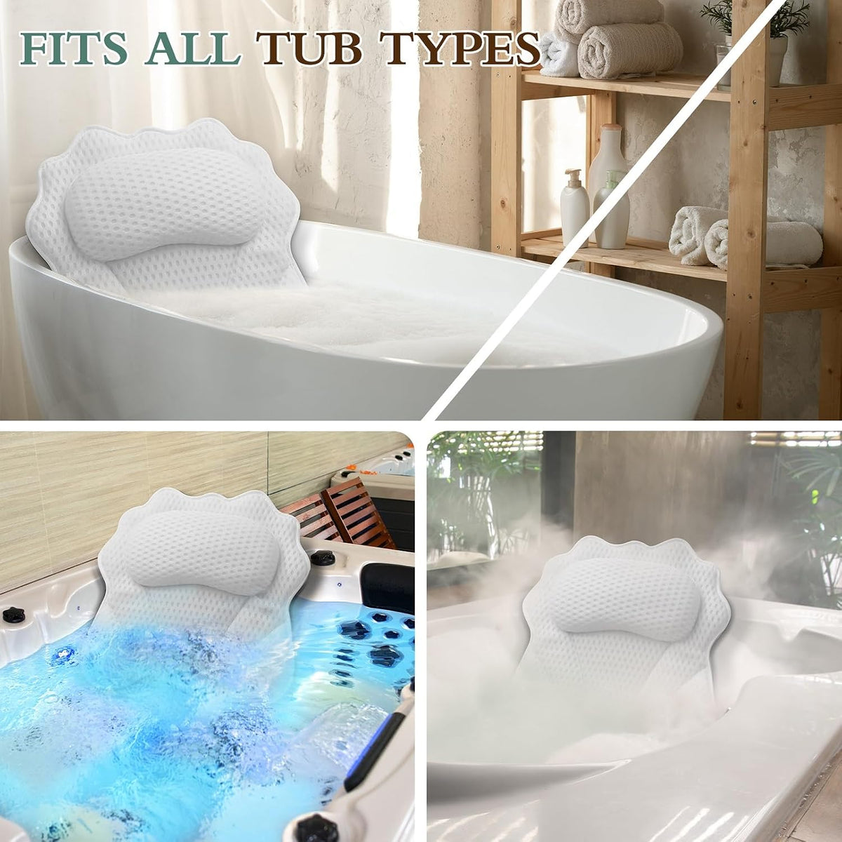 Bath Pillow RUVINCE Ergonomic Luxury Bathtub Pillow with Head,Neck, Shoulder and Back Support, 4D Bath Pillows for tub with 6 Powerful Suction Cups, Fits All Bathtub White
