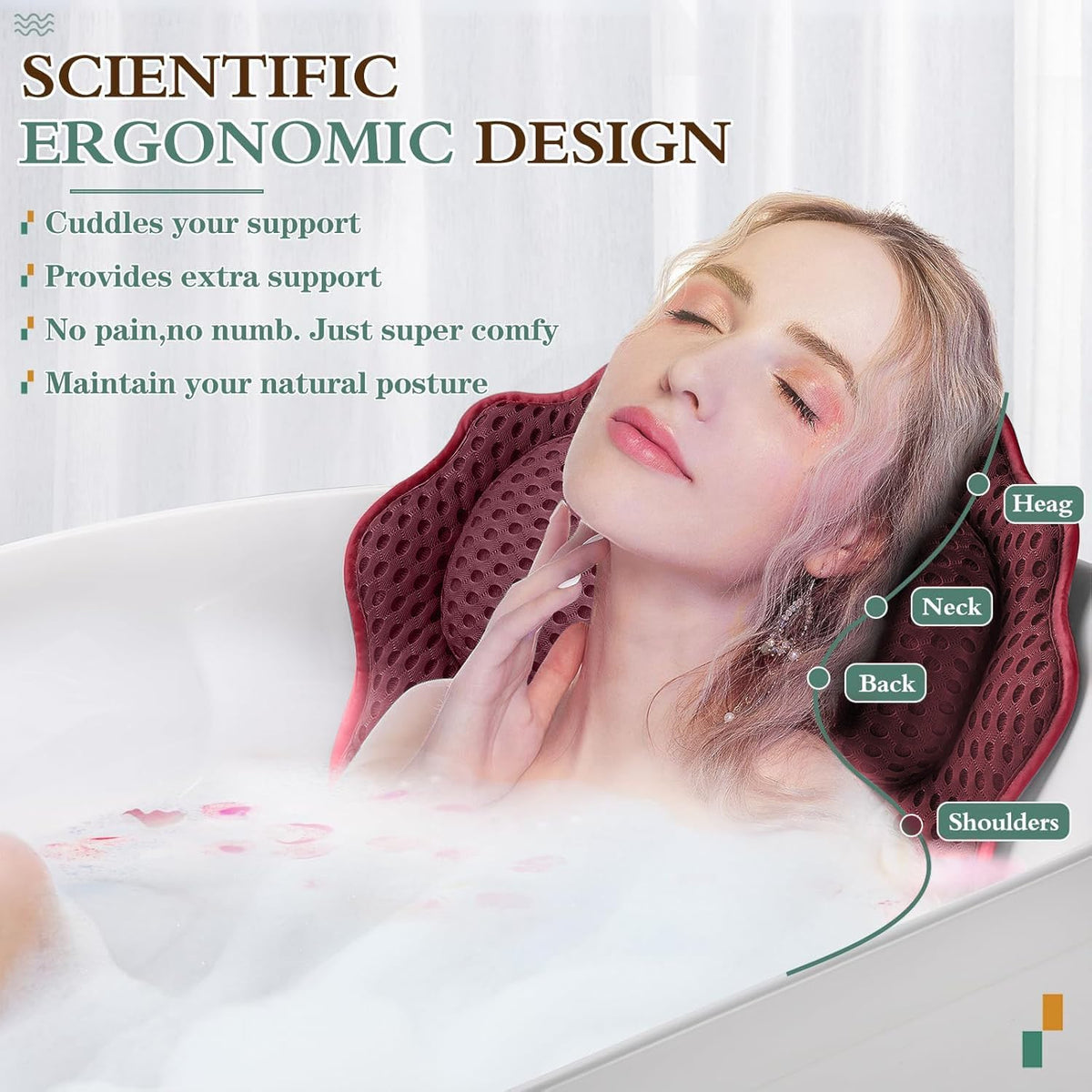 Bath Pillow RUVINCE Ergonomic Luxury Bathtub Pillow with Head,Neck, Shoulder and Back Support, 4D Bath Pillows for tub with 6 Powerful Suction Cups, Fits All Bathtub Red