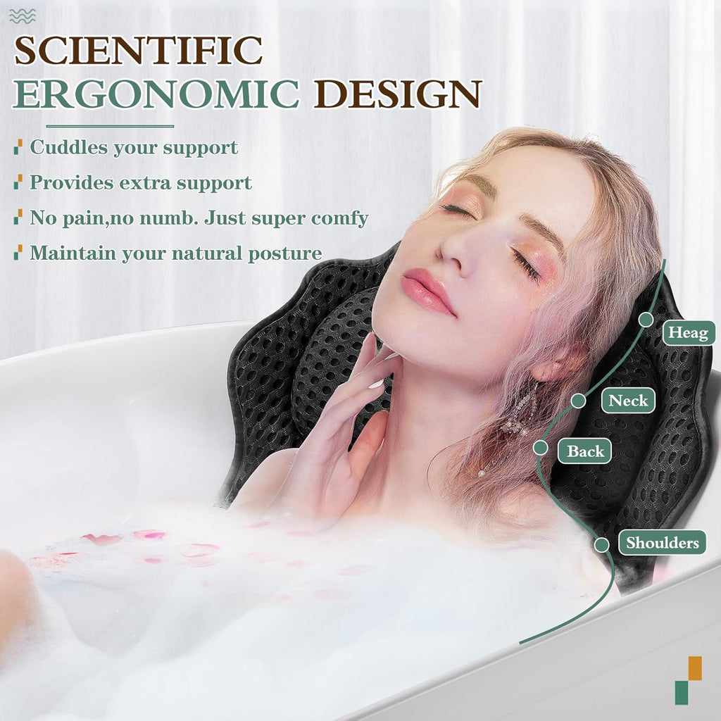 Bath Pillow RUVINCE Ergonomic Luxury Bathtub Pillow with Head,Neck, Shoulder and Back Support, 4D Bath Pillows for tub with 6 Powerful Suction Cups, Fits All Bathtub Black