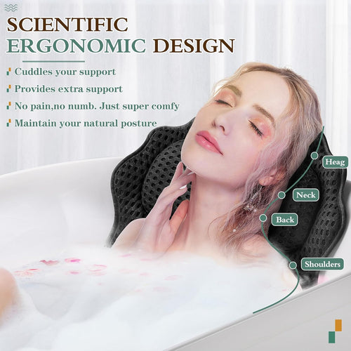 Bath Pillow RUVINCE Ergonomic Luxury Bathtub Pillow with Head,Neck, Shoulder and Back Support, 4D Bath Pillows for tub with 6 Powerful Suction Cups, Fits All Bathtub Black