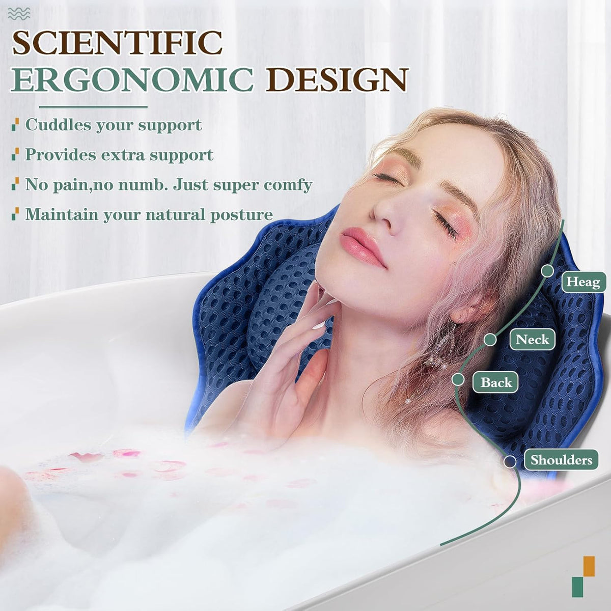 Bath Pillow RUVINCE Ergonomic Luxury Bathtub Pillow with Head,Neck, Shoulder and Back Support, 4D Bath Pillows for tub with 6 Powerful Suction Cups, Fits All Bathtub Blue