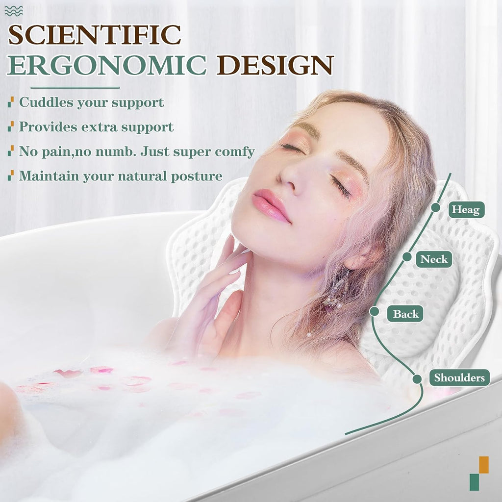 Bath Pillow RUVINCE Ergonomic Luxury Bathtub Pillow with Head,Neck, Shoulder and Back Support, 4D Bath Pillows for tub with 6 Powerful Suction Cups, Fits All Bathtub White