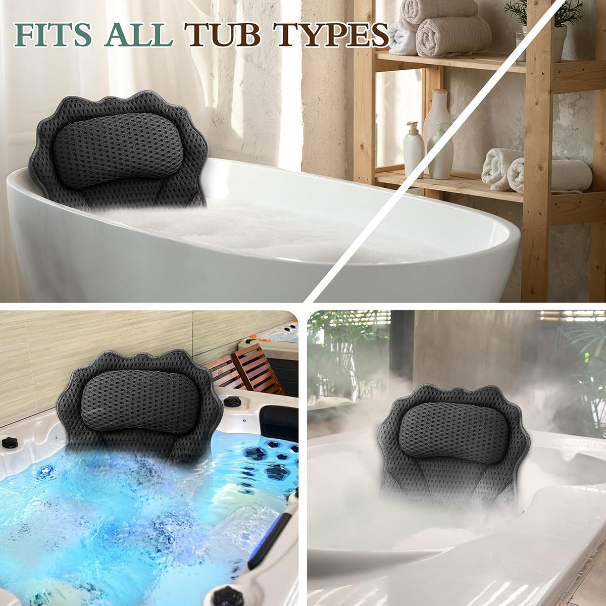 Bath Pillow RUVINCE Ergonomic Luxury Bathtub Pillow with Head,Neck, Shoulder and Back Support, 4D Bath Pillows for tub with 6 Powerful Suction Cups, Fits All Bathtub Black